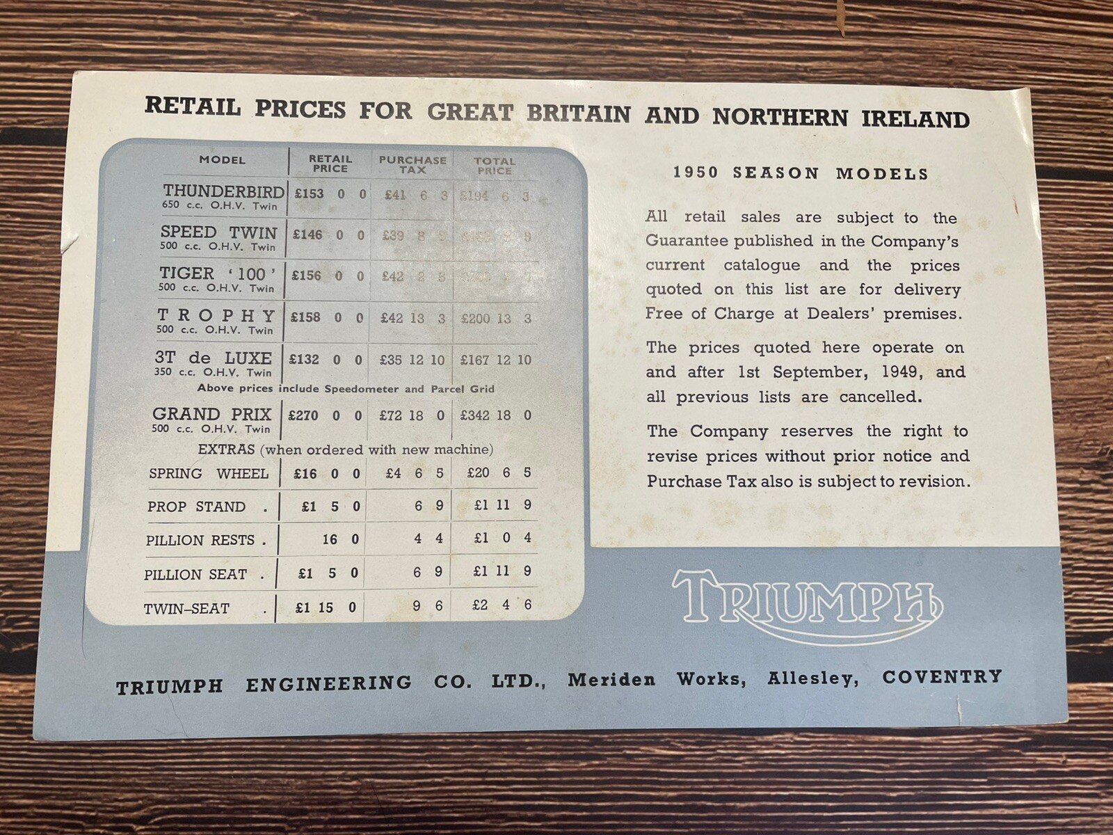 Vintage Triumph Engineering Motorcycles Parts Price Sheet Britain 