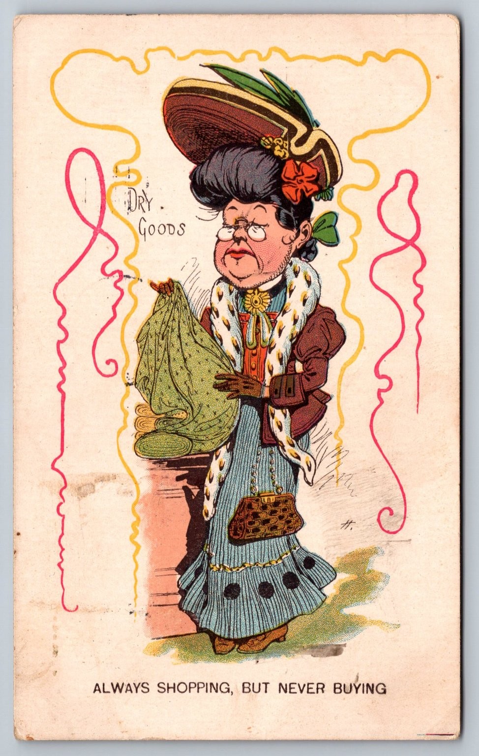 1906 Baltimore Postmark Humorous Dry Goods Shopping Woman Caricature Postcard 1906 Baltimore Postmark Humorous Dry Goods Shopping Woman Caricature Postcard