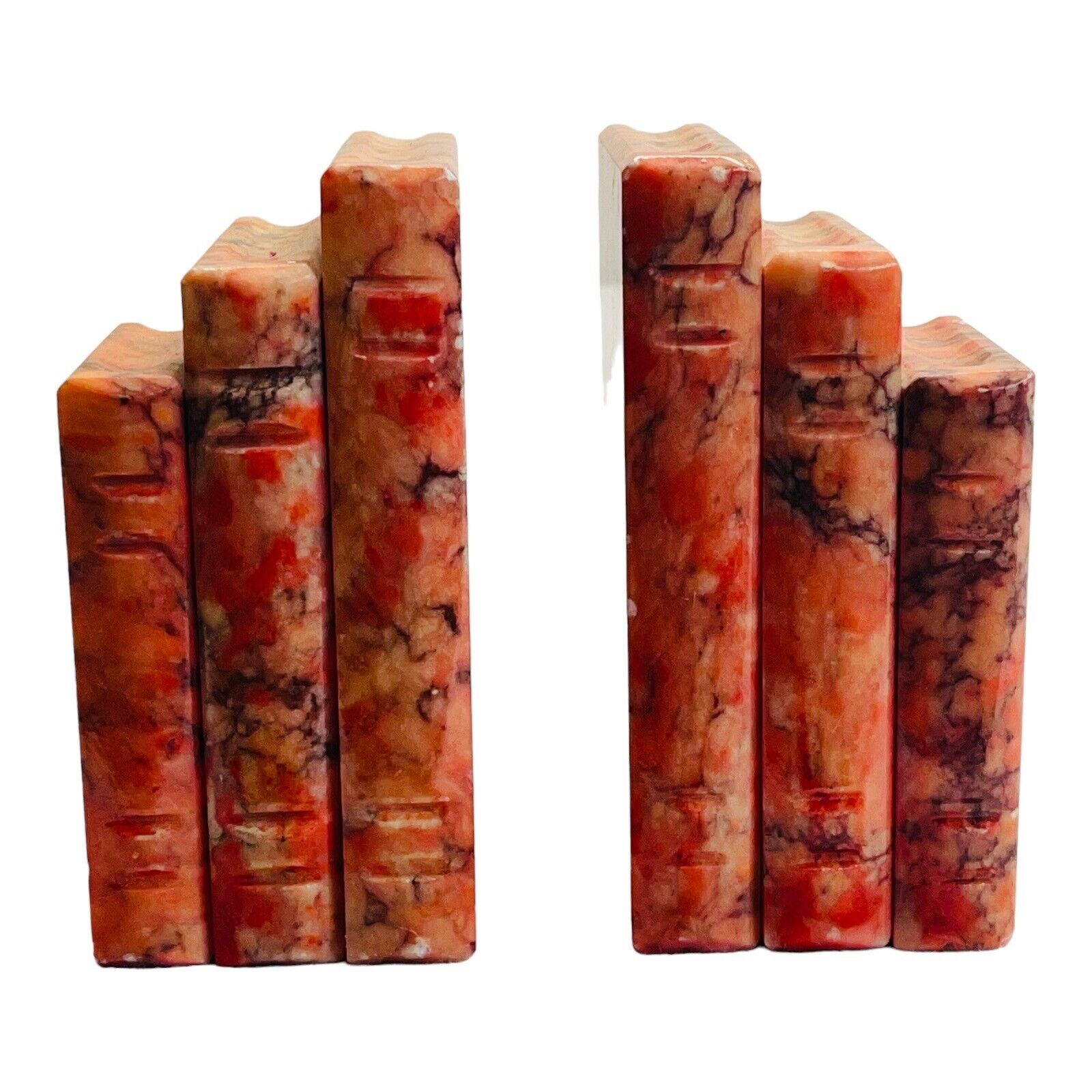 Vintage Red Orange Alabaster Marble Book Bookends Hand Carved MCM Italy Rare