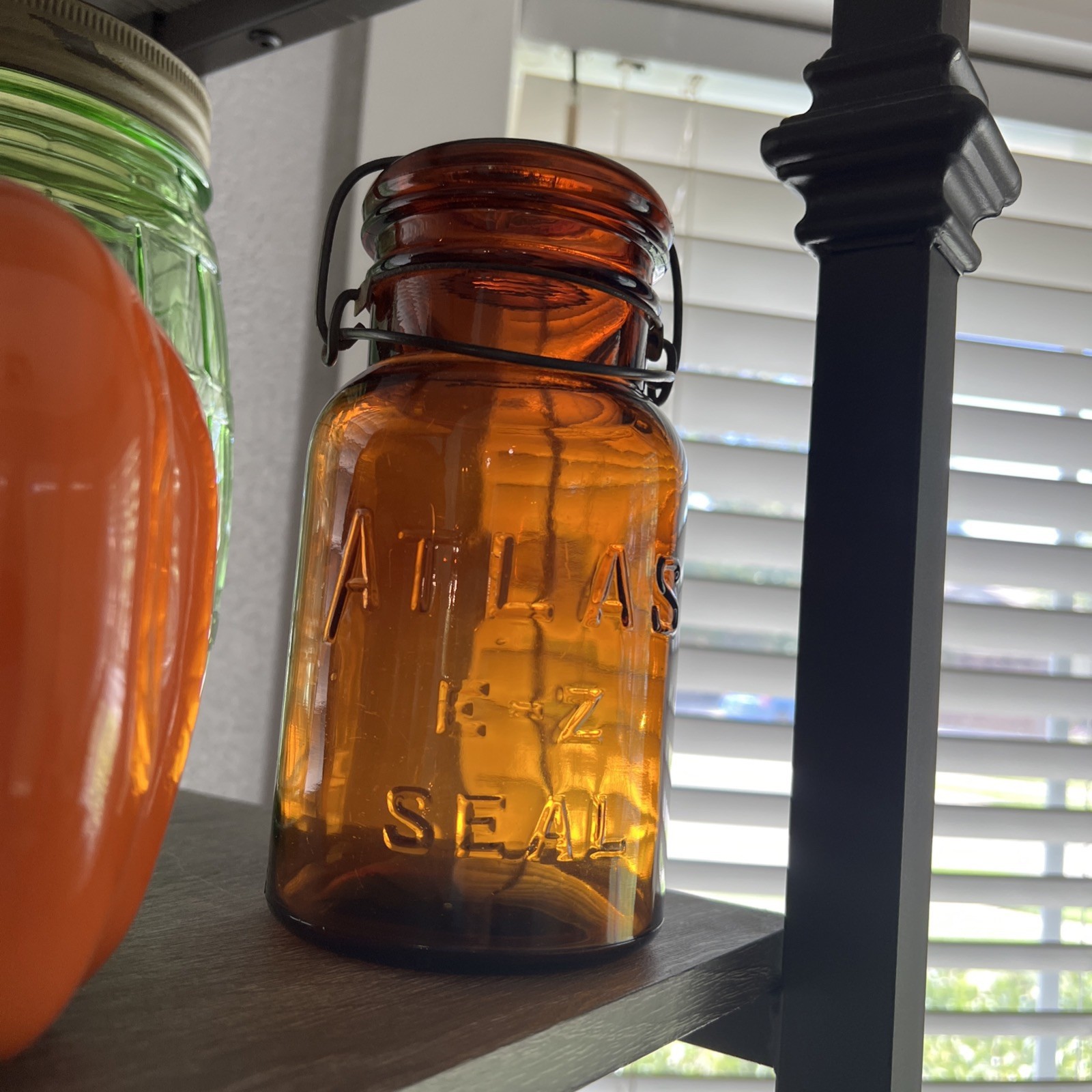 Atlas Amber Glass E-Z Seal Qt. Jar w/ Wire Bail Lid, Embossed Text 7.5” tall