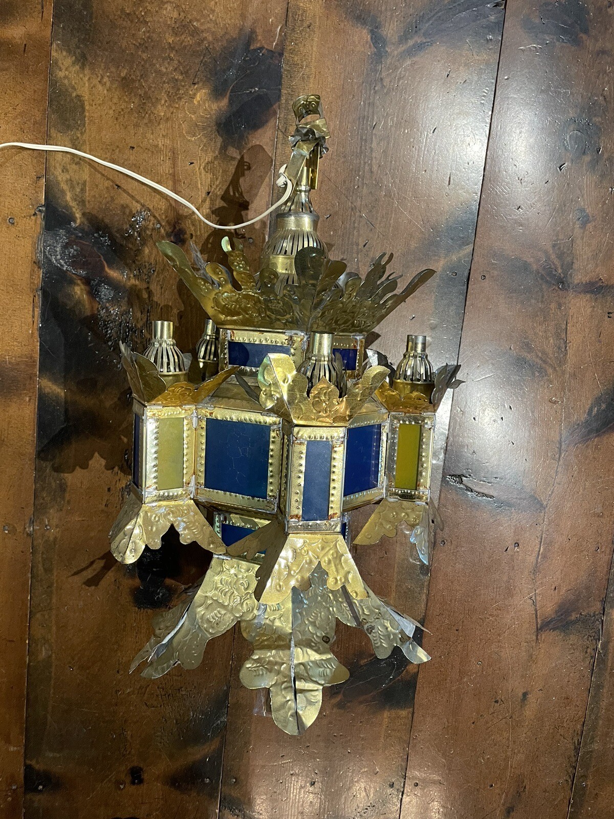 Vintage EMBOSSED TIN Hanging Swag Lamp Light gold PLUG IN Bohemian Moroccan