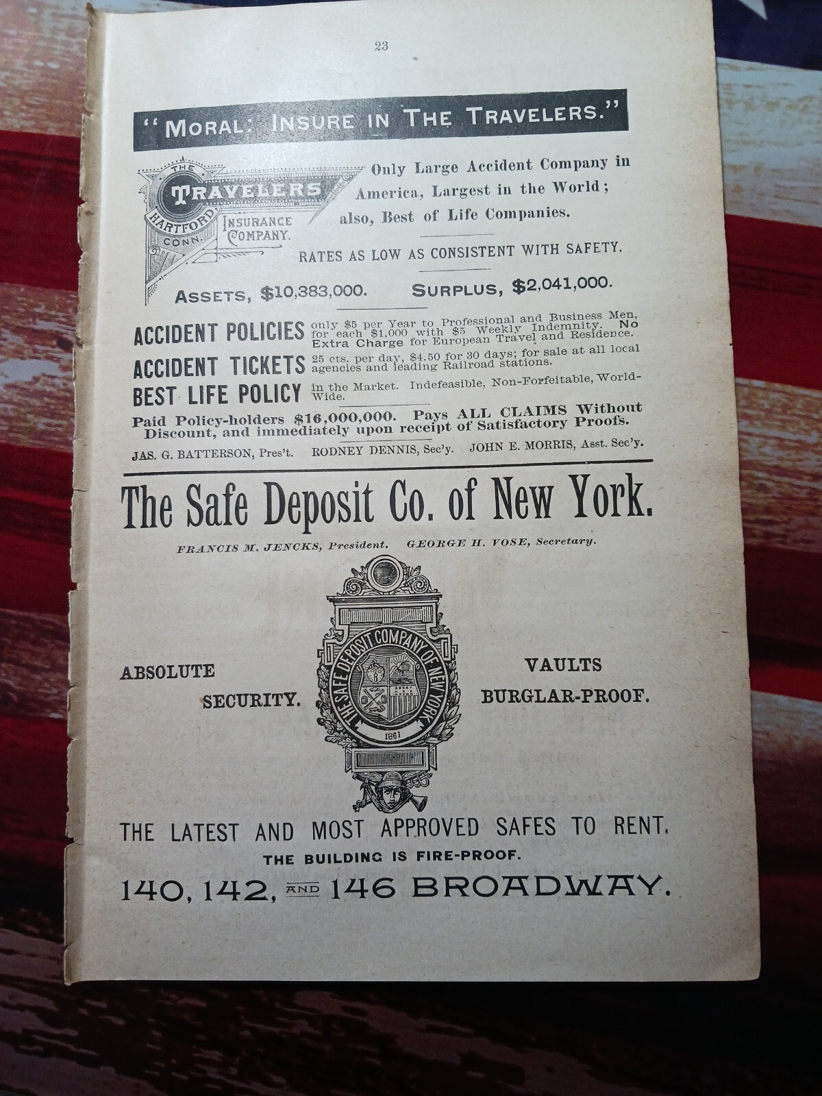 1889 Print Ad ~ SAFE DEPOSIT COMPANY OF NEW YORK burglar proof vault Broadway NY