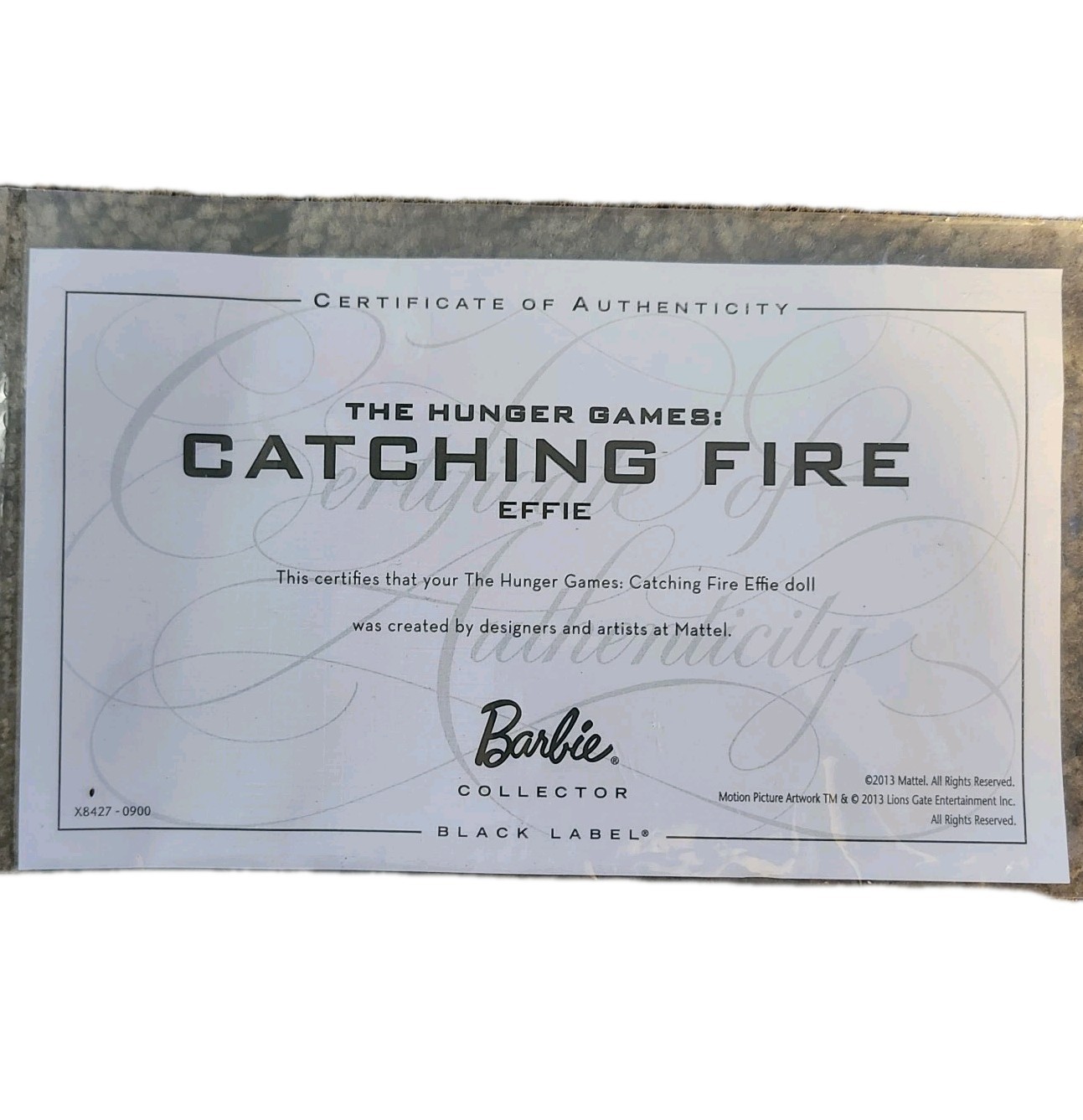 COA Certificate of Authenticity ONLY The Hunger Games Catching Fire Effie Barbie