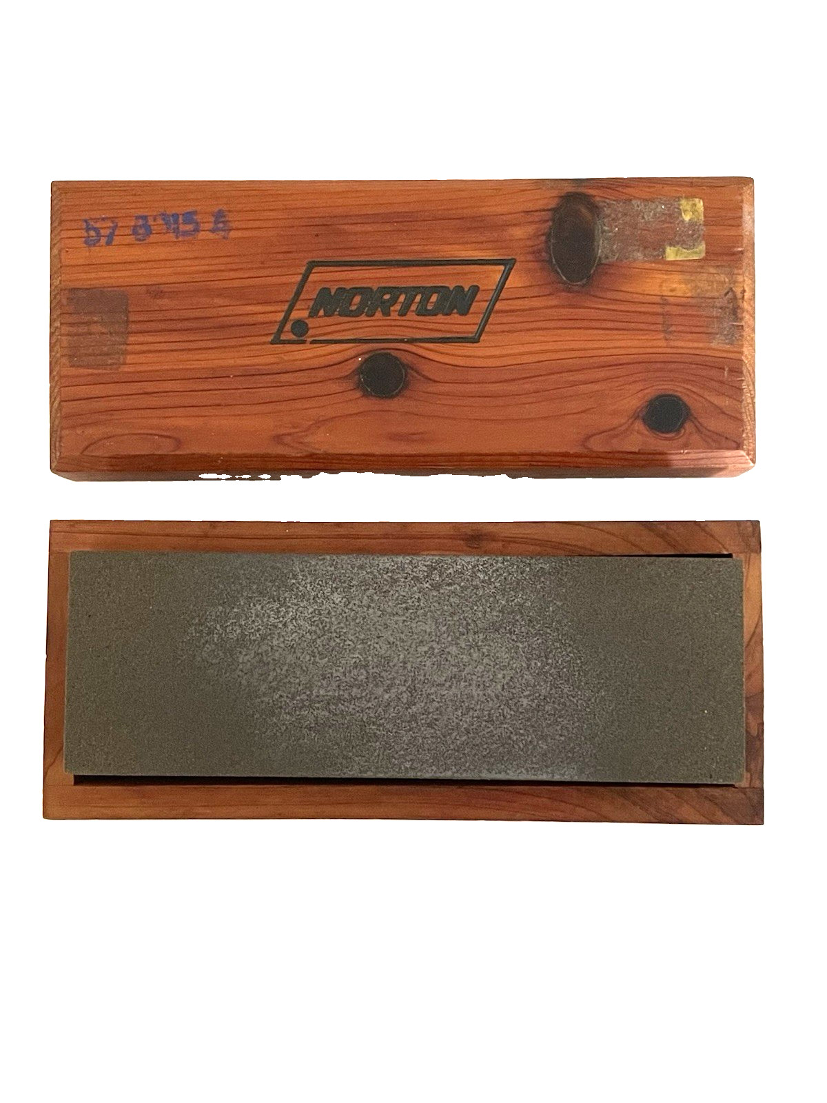 NORTON #57-8015 Combo Sharpening Bench Stone Wood Box DOUBLE SIDED Vintage USA