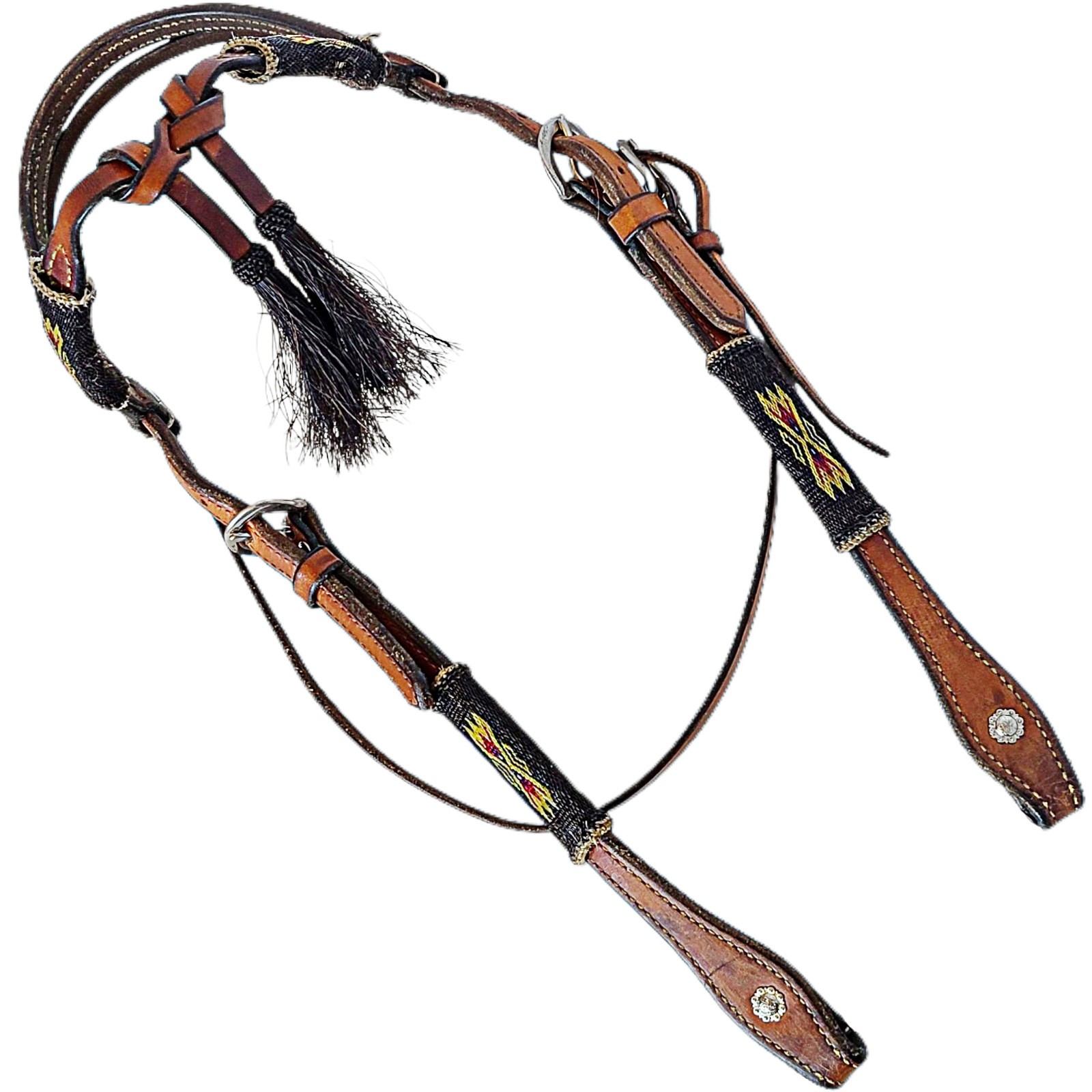 Black Yellow and Red Hitched Horsehair Futurity Knot Browband Tassel Headstall Black Yellow and Red Hitched Horsehair Futurity Knot Browband Tassel Headstall