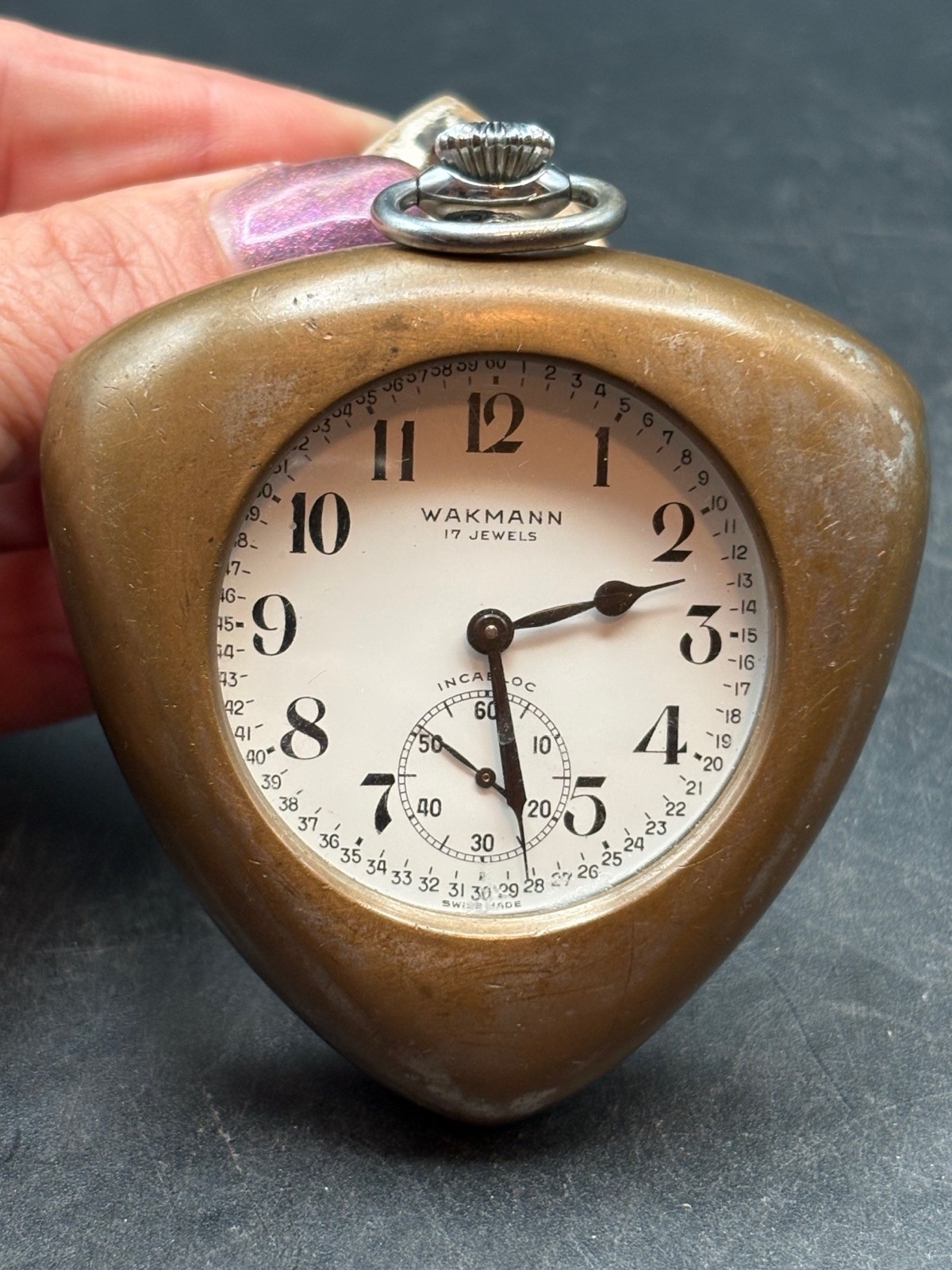 Vintage Wakmann 17 Jewels HTF Mountable Auto Dash Pocket Watch Wind Up Working