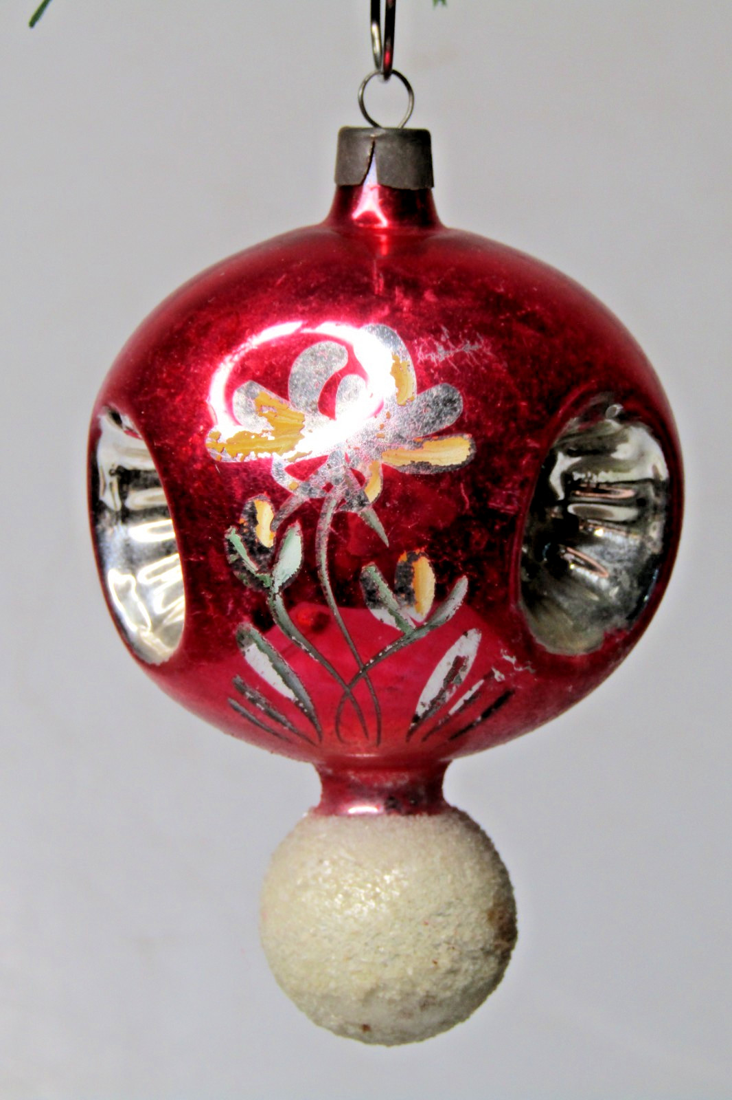 VTG Glass Multi Indent STAR RED Flower Finial DROP Christmas Ornament Poland