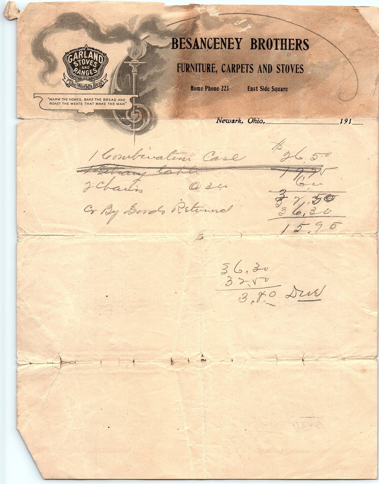 1900s Newark OH Besanceney Bros. Billhead w/Stove Ad