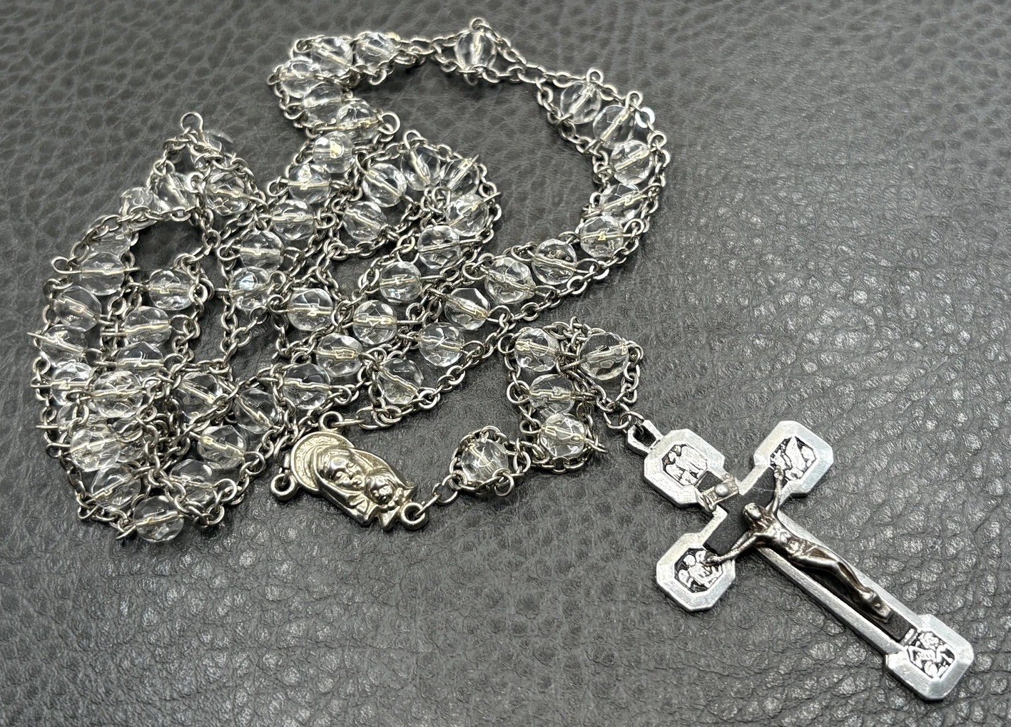 Vintage Catholic Rosary Clear Crystal Glass Beads Crucifix Silver Tone 20”