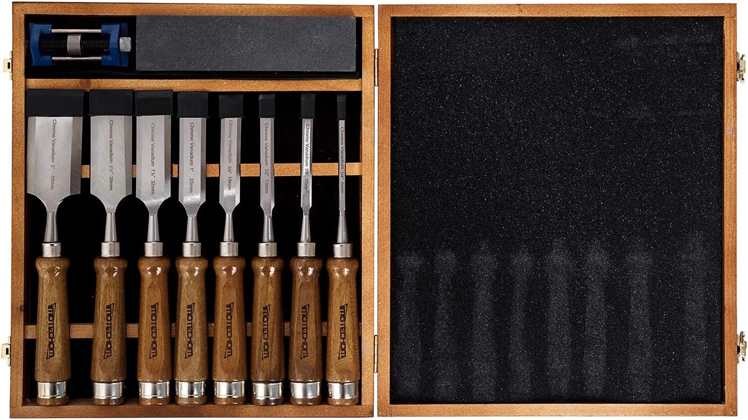 10-Pieces Woodworking Wood Chisel Set with Wooden Box, Honing Guide, Sharpening