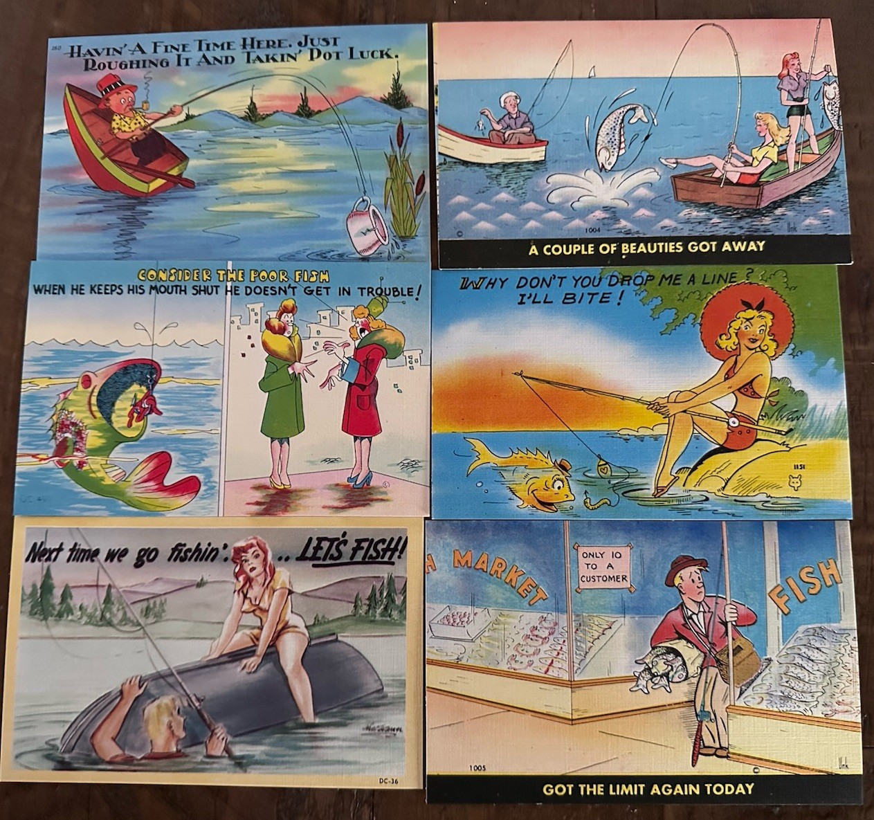 Lot of 6 ~Fishing~Fish~Comic ~Funny ~Linen Vintage Postcards~ Unused~p608