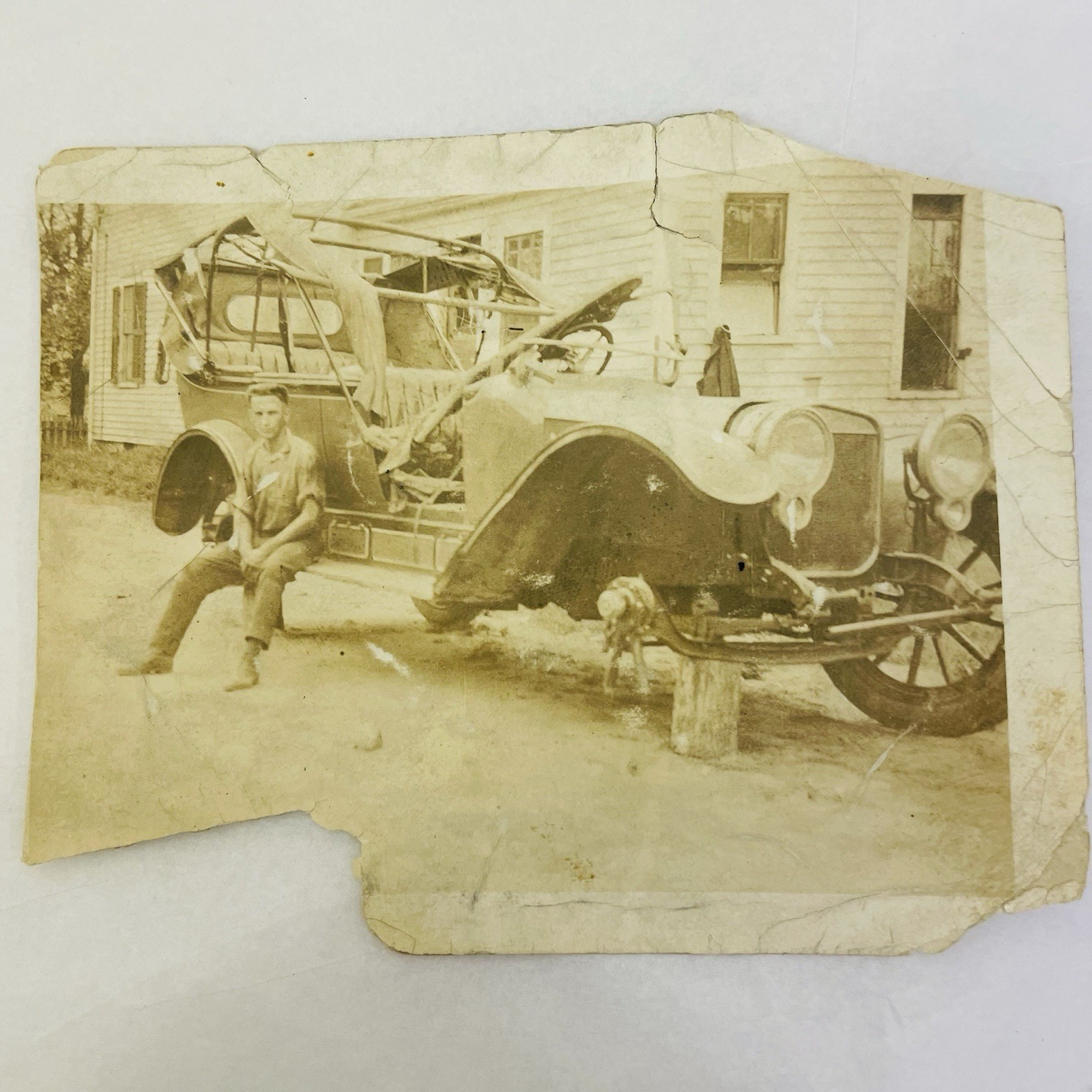 Original Photo of Antique Touring Car Undergoing Repair with Tears 1920s 1930s Original Photo of Antique Touring Car Undergoing Repair with Tears 1920s 1930s
