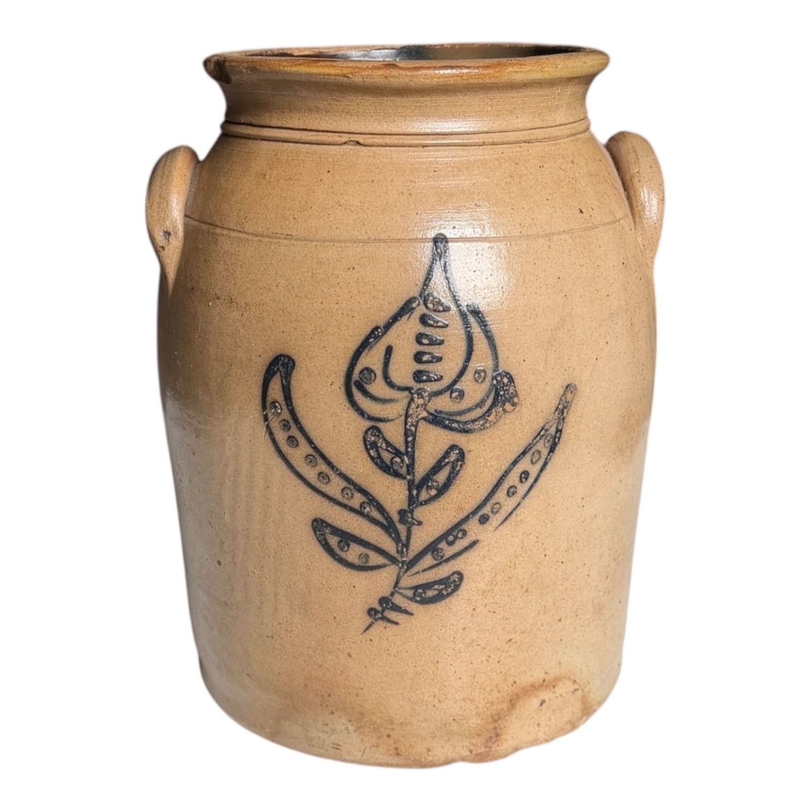Antique Americana Folk Art Stoneware Crock with Cobalt Blue Floral Tulip Design Antique Americana Folk Art Stoneware Crock with Cobalt Blue Floral Tulip Design
