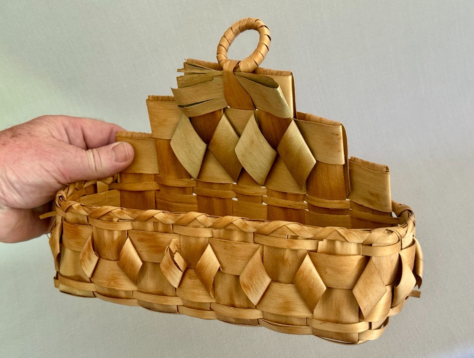 Rare Antique Mi\'kmaq Passamaquoddy Hanging Wall Basket - Splint Ash Curls