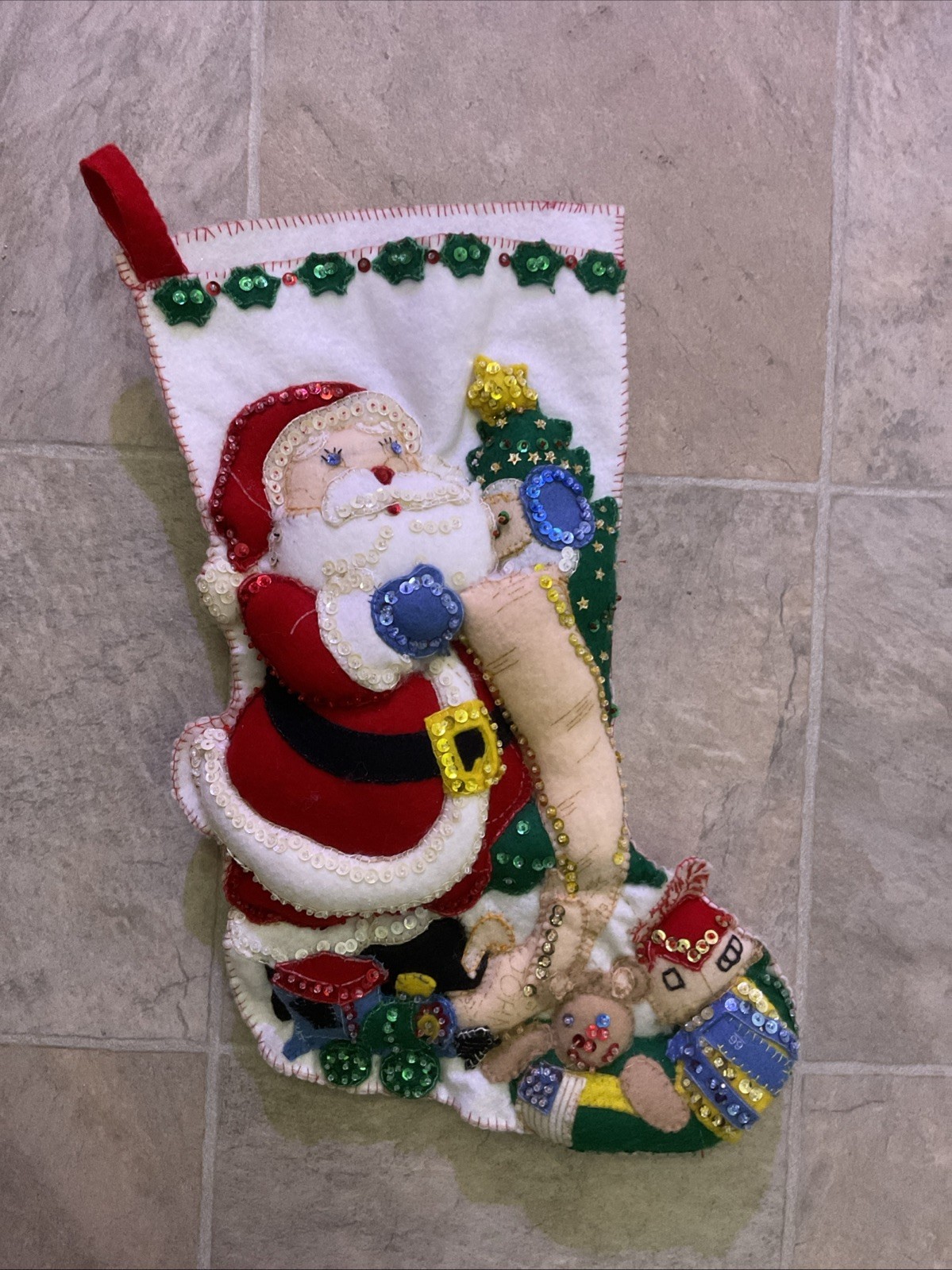 Bucilla Felt Christmas Stocking Boy Hugs Completed  Finished Lined