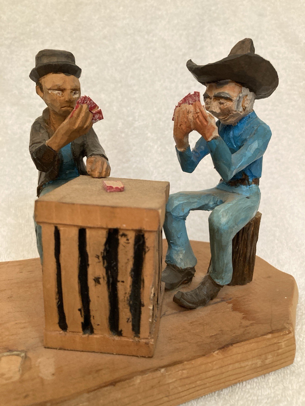 Vintage Folk Art Carved Wood Painted 2 Men Playing Cards Over a Box
