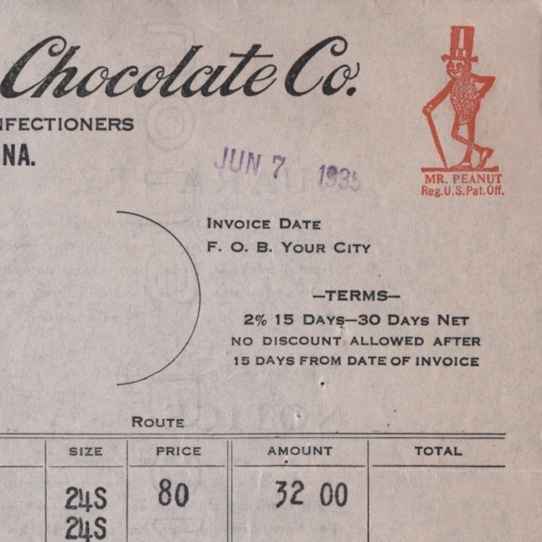Planters Nut & Chocolate 1935 Store Invoice Receipt Mr Peanut Paper Ephemera VTG Planters Nut & Chocolate 1935 Store Invoice Receipt Mr Peanut Paper Ephemera VTG
