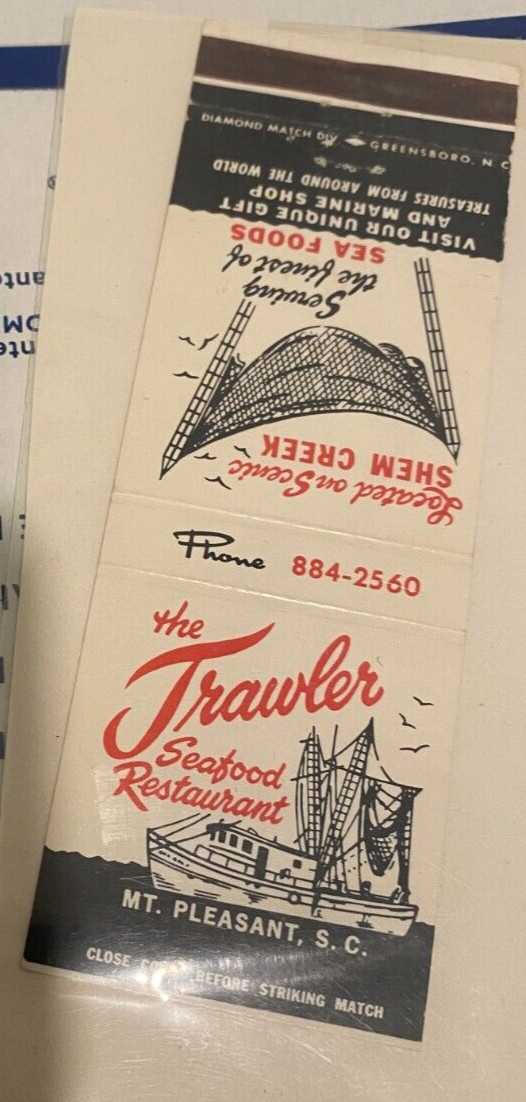 Vintage Mt. Pleasant South Carolina The Trawlers Seafood Restaurant Matchbook