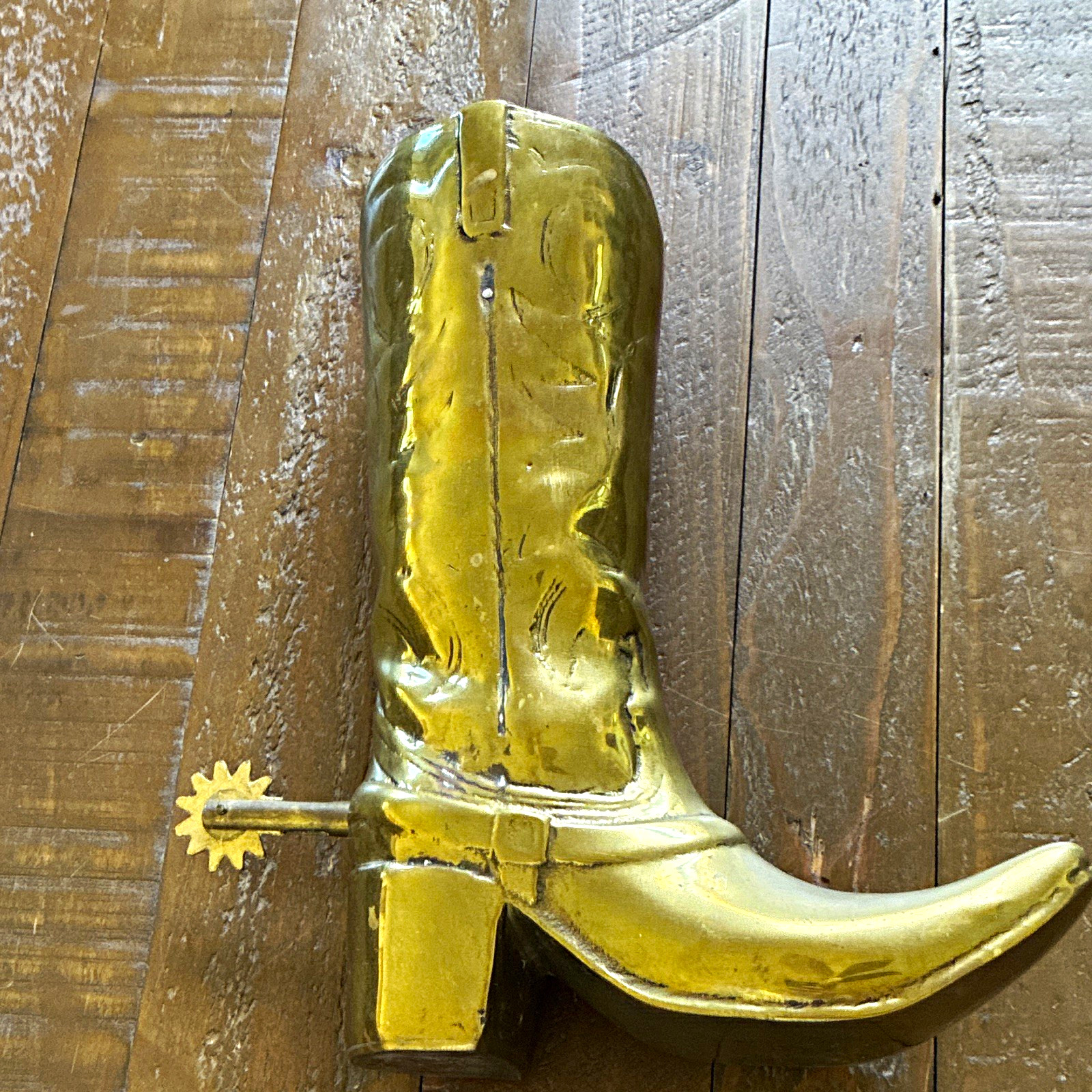 Vintage Gold Metallic brass Western Cowboy Boot Figurine w/ Spur  9 1/2 in