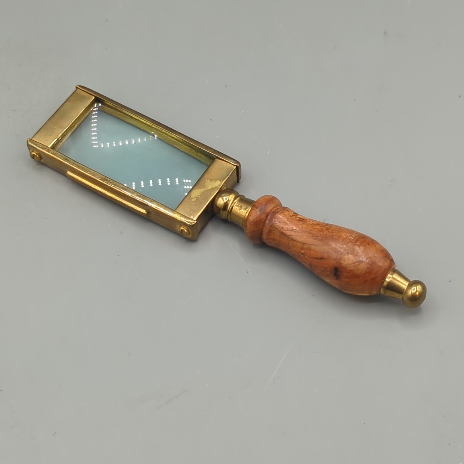 Vintage Rectangular Magnifying Glass Brass and Wood Inlay Handle