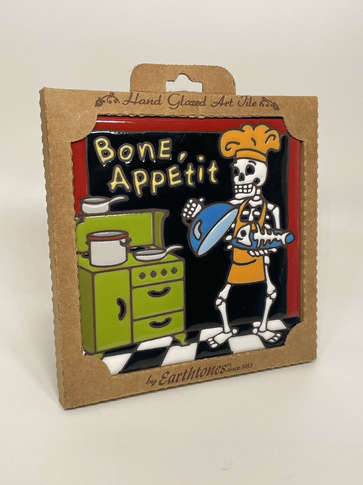 Earthtones Hand Glazed Art Tile Day Of The Dead Skeleton Chef Bone Appétit NIB