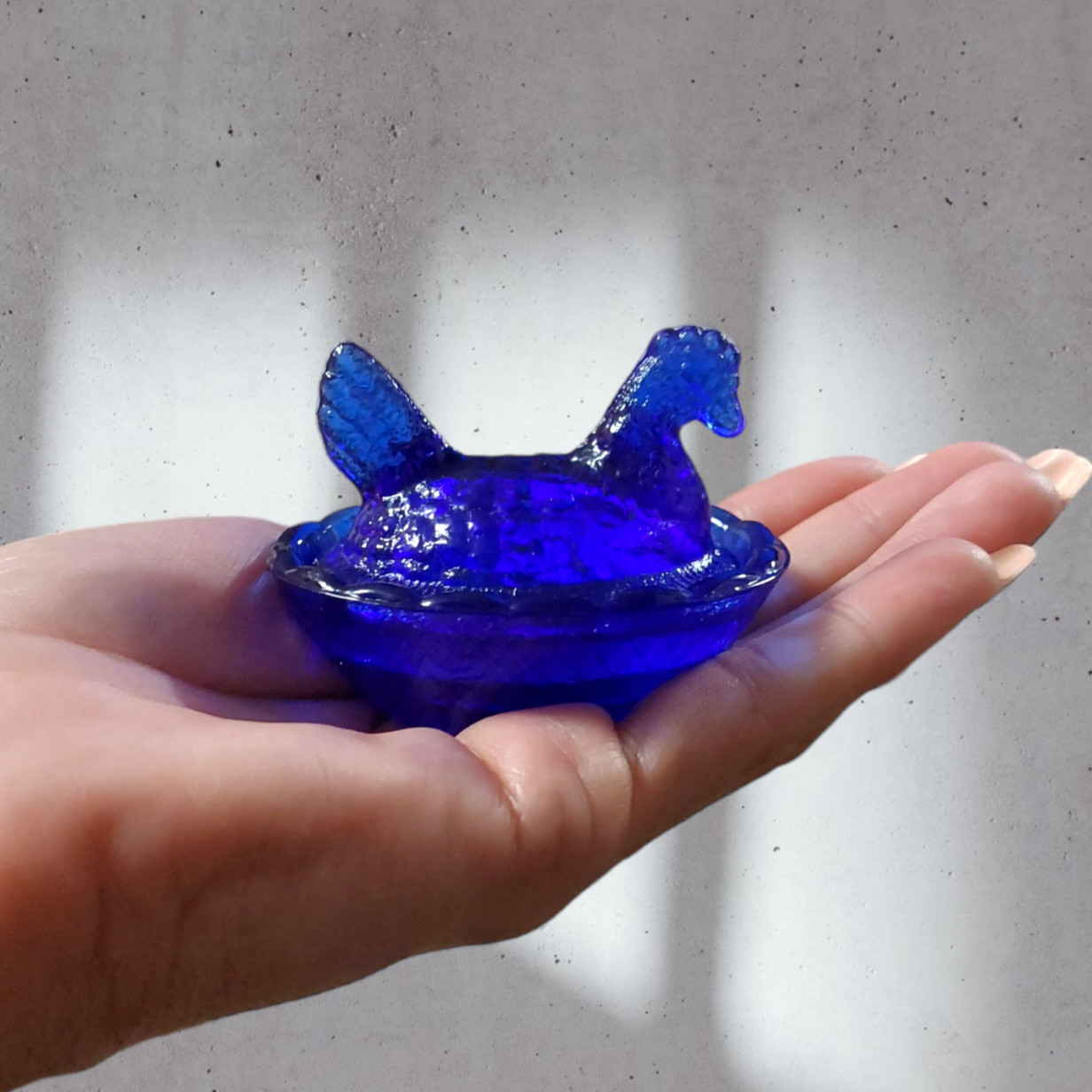 Cobalt Blue Glass Depression Style Hen on Nest Chicken Salt Dish, VTG Style