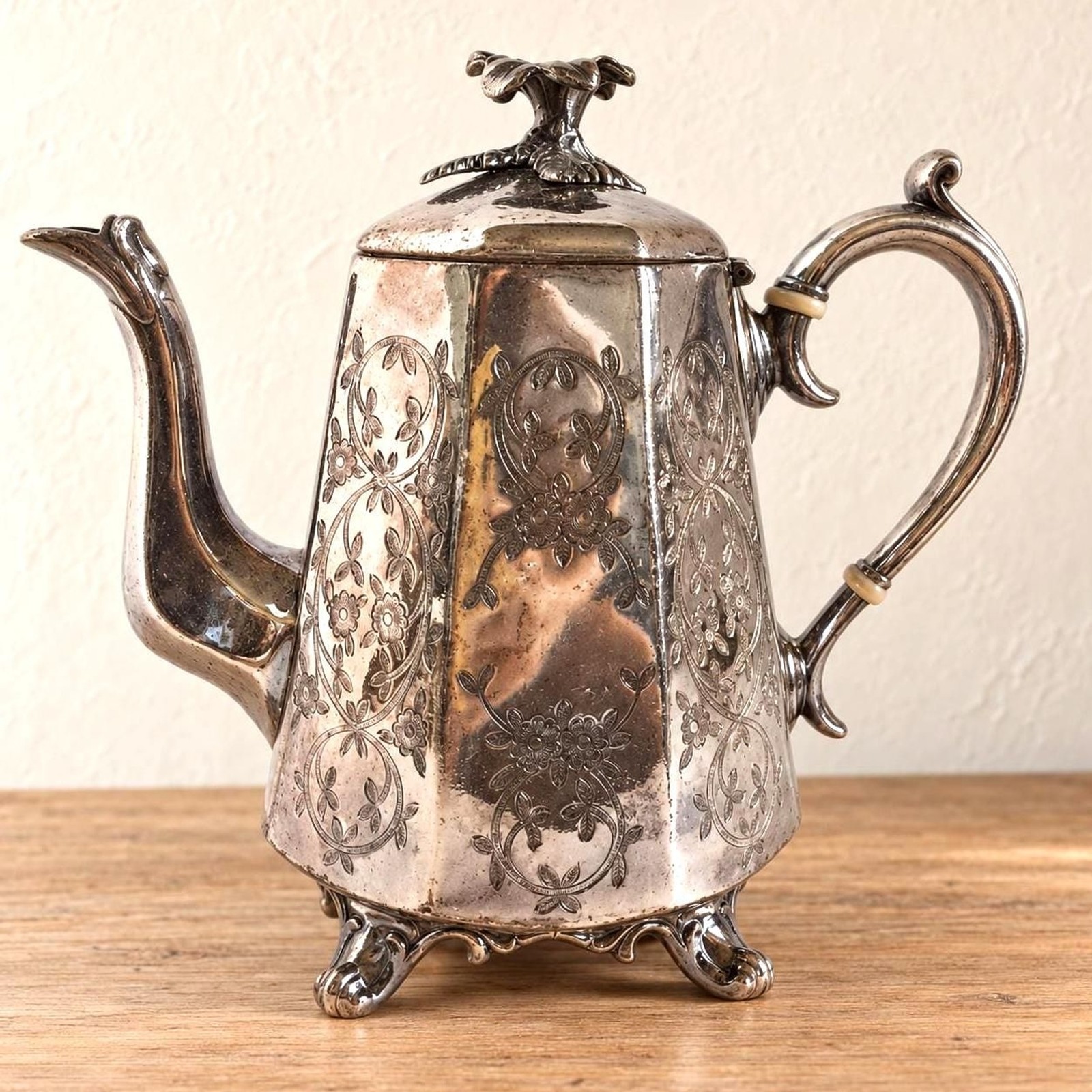 Antique Reed & Barton Silverplate Coffee Pot with Floral Engraving