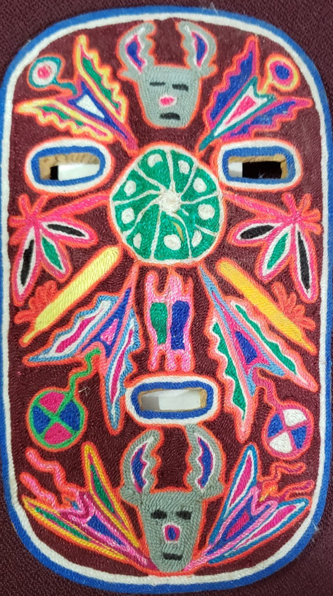 Lopez Cosio Mexican Huichol Wood Yarn Painting Mask Vintage Folkart