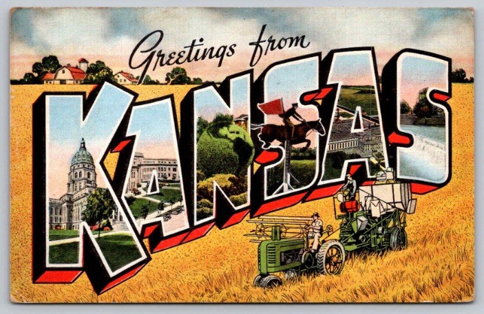 c1940 Greetings From Kansas KS Large Letter Wheat Harvest Kropp Linen Postcard