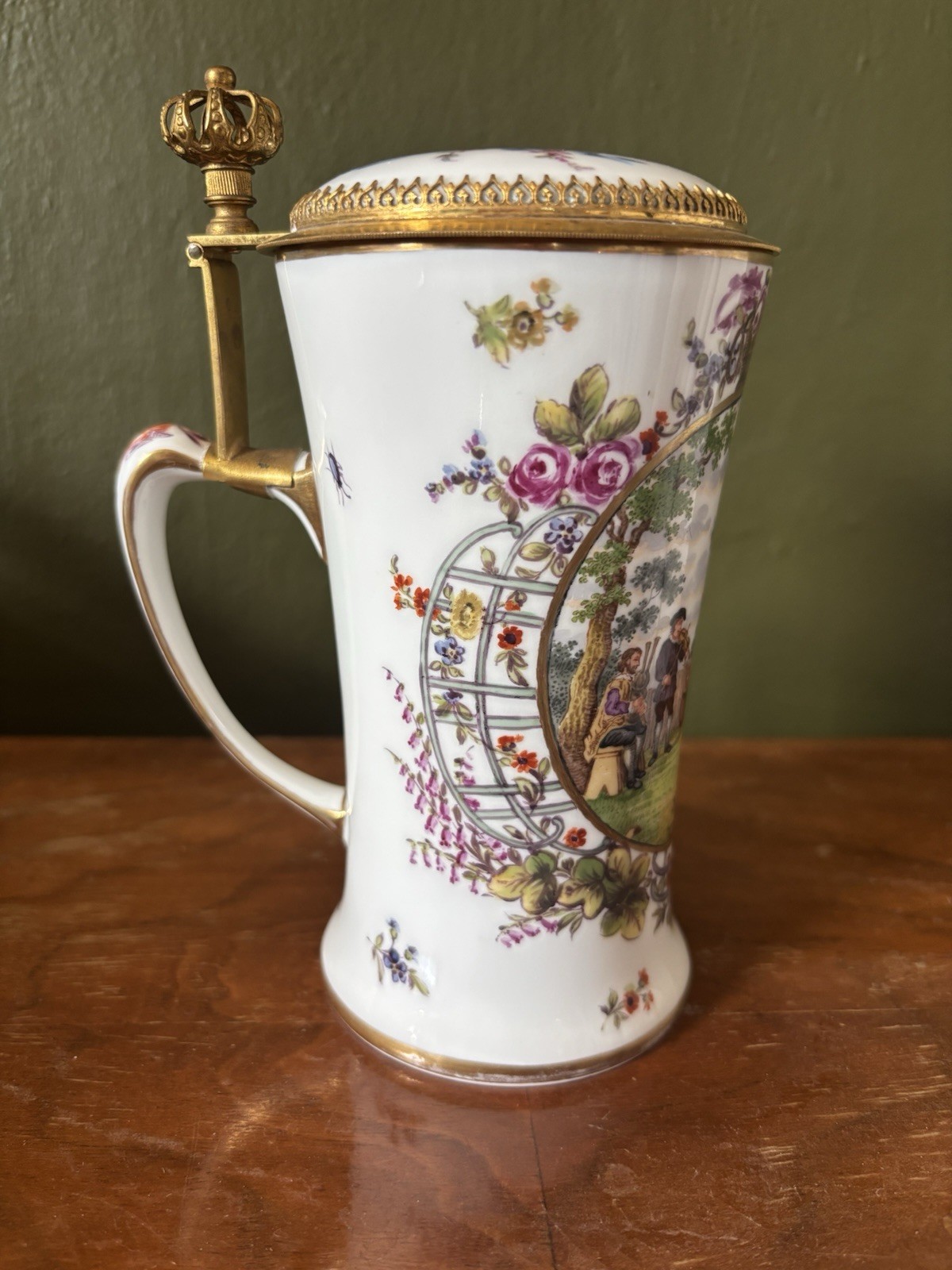 RARE Vintage KPM Berlin Lidded Stein Porcelain Gilt Edged Floral Dancing Figures RARE Vintage KPM Berlin Lidded Stein Porcelain Gilt Edged Floral Dancing Figures