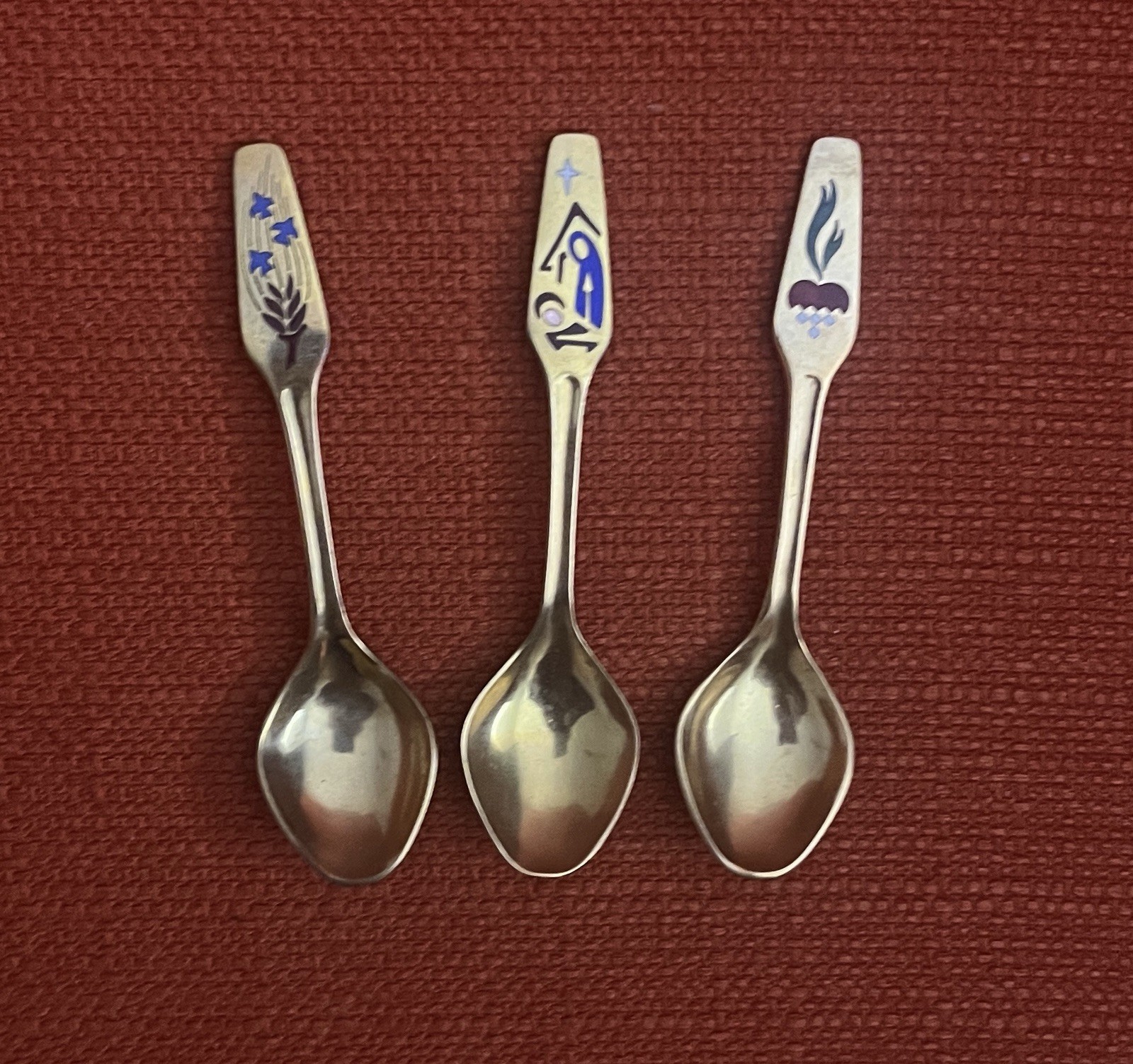 VTG 1978 1984 1990 Meka Kesa Denmark Spoons Gold Finish Enamel Designs Christmas