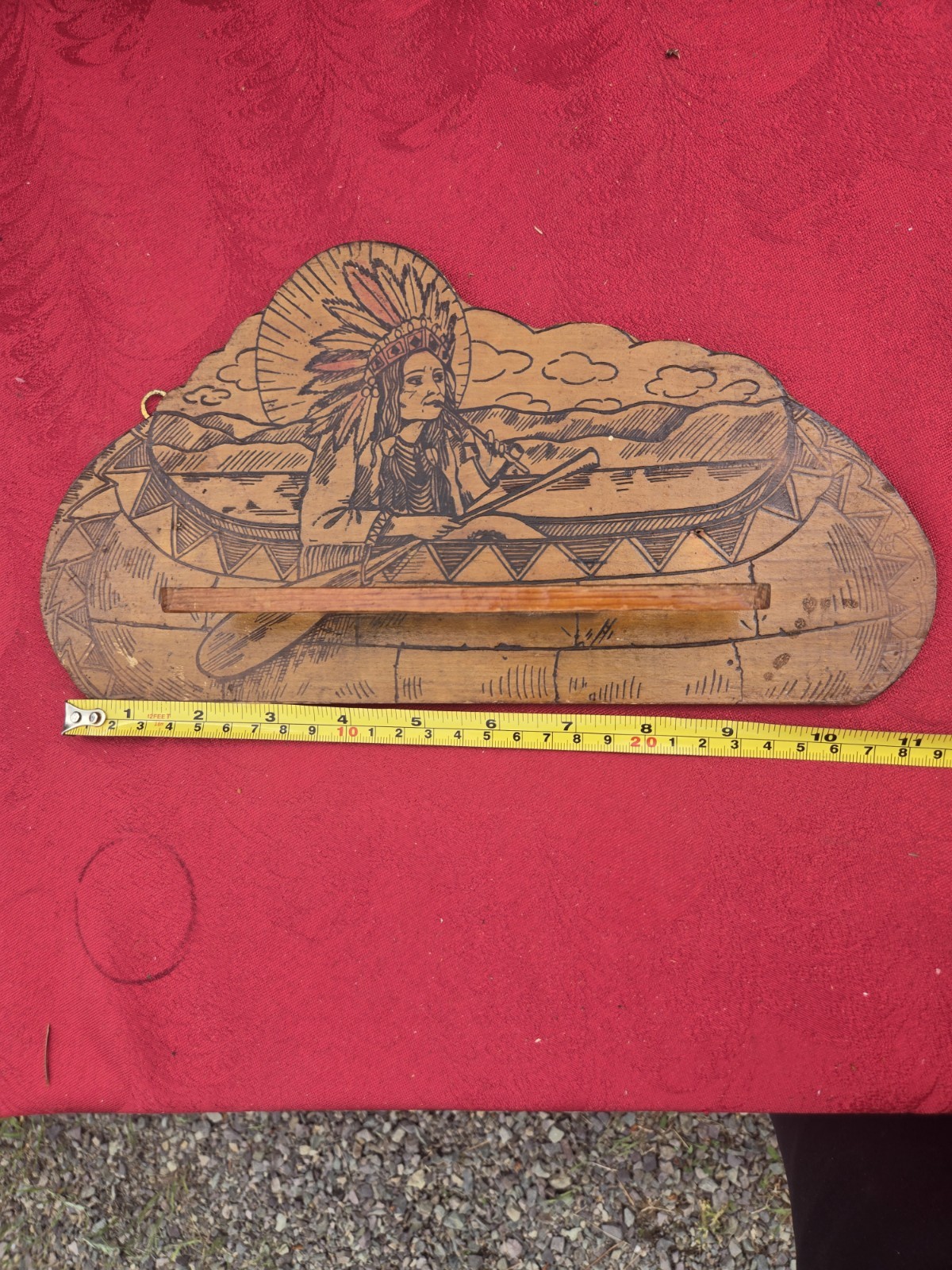 Vtg PYROGRAPHY AMERICAN INDIAN Canoe — Wood Burning Wall Rack 11