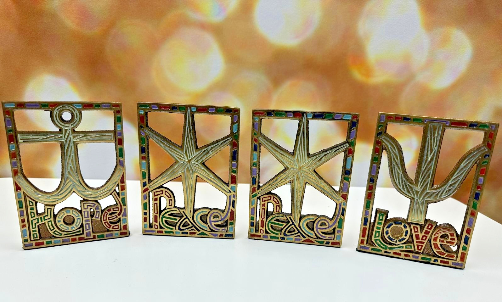 Terra Sancta Guild 1967 Brass Bookends – Hope Love Peace (4-Piece Set)