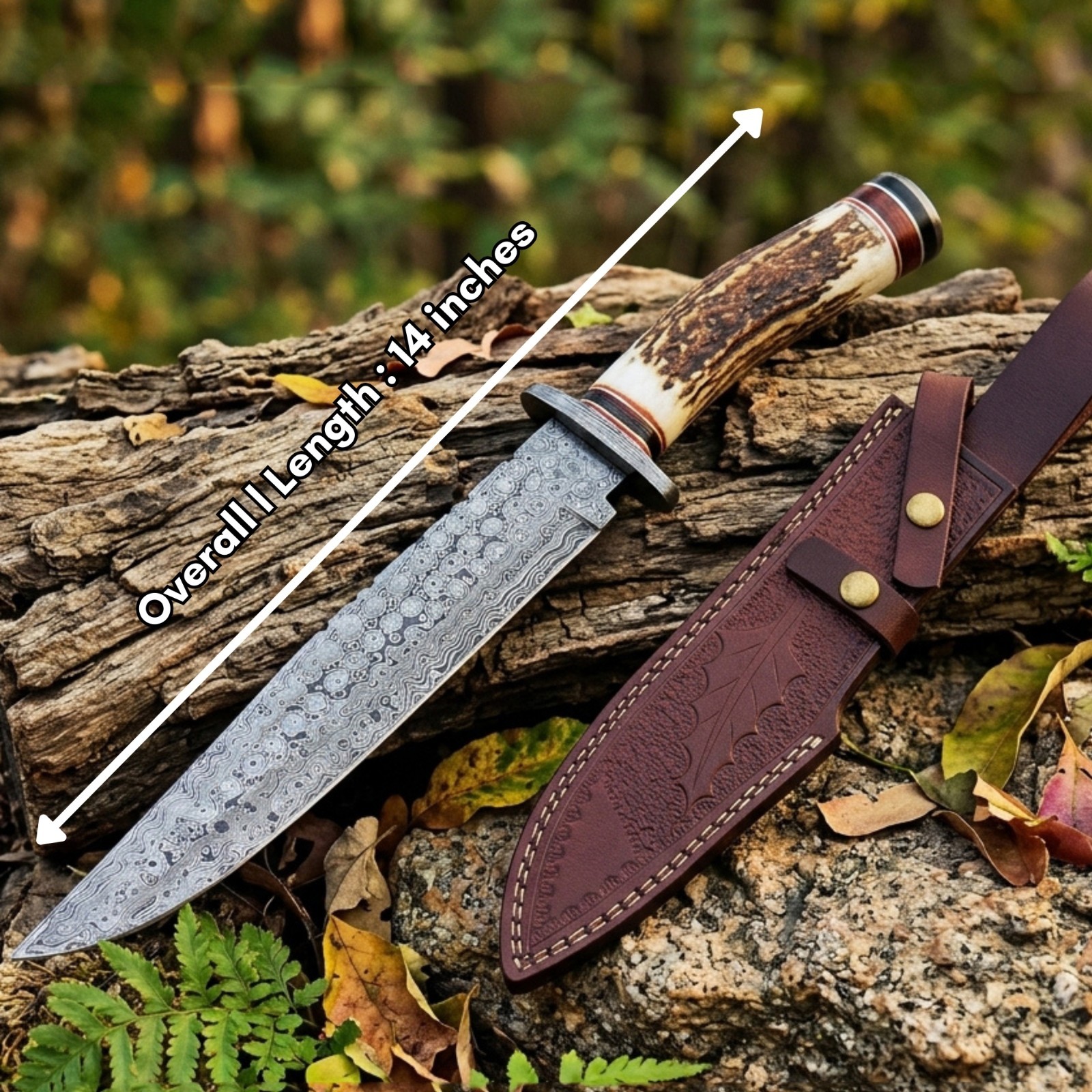 14-inch Bowie Knife Damascus Steel Fixed Blade Full Tang Stag Antler Handle