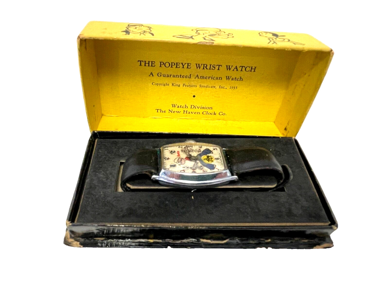 Popeye Wrist Watch 1930s Rare New Haven Character Watch - King Features WITH BOX