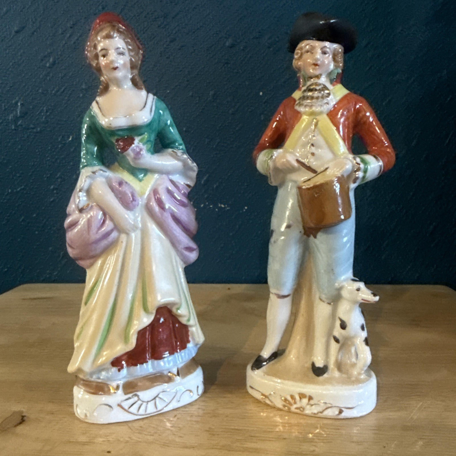 Vintage Japan Porcelain Colonial Couple Figurines 8.25” Pair Gentleman Dog Lady