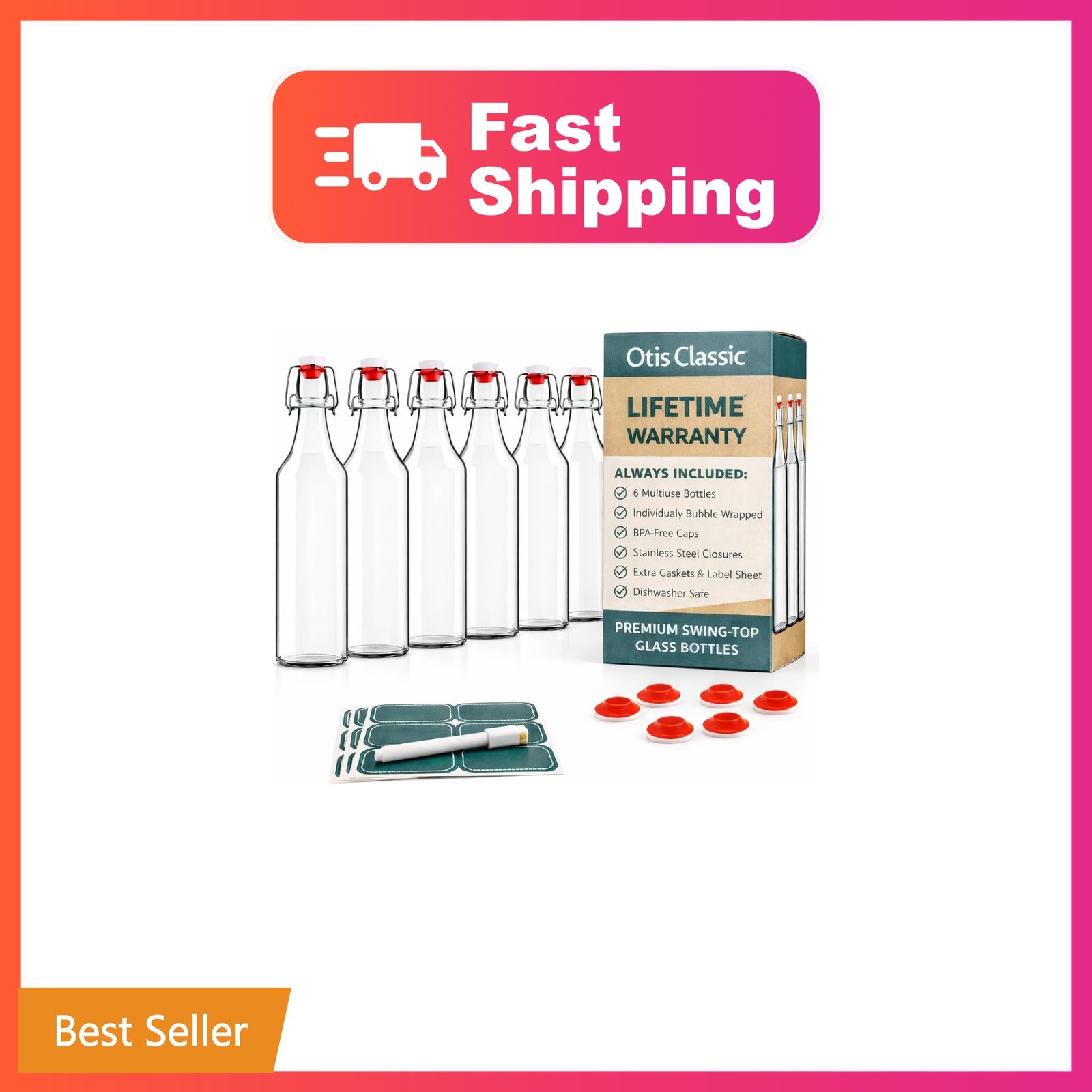 Otis Classic Clear Swing Top Glass Bottles, Plastic Caps, Set of 6, 16oz | Ma... Otis Classic Clear Swing Top Glass Bottles, Plastic Caps, Set of 6, 16oz | Ma...