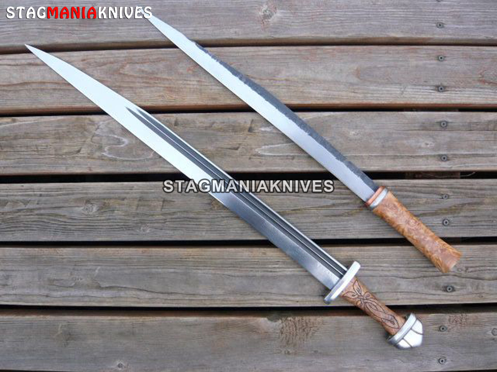2 PCS Hand Forged Carbon Steel Hunting Seax Sword , Viking Valhalla Sword