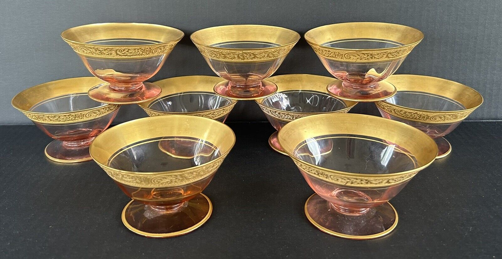 Cambridge Glass Florentine Pink (9) Sherbets Footed Dessert Cups Gold Encrusted