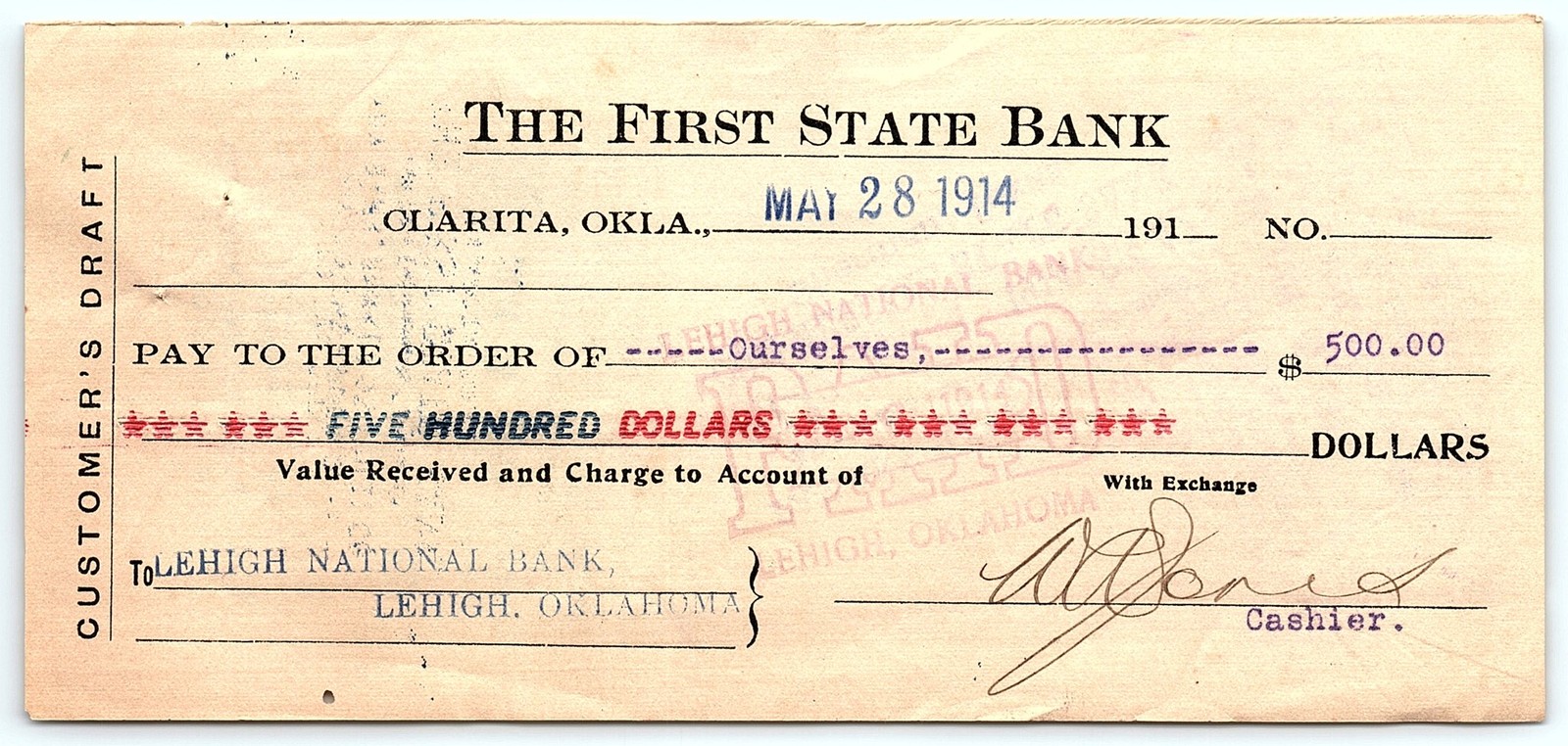 1914 Oklahoma Customer\'s Draft, $500, with endorsements