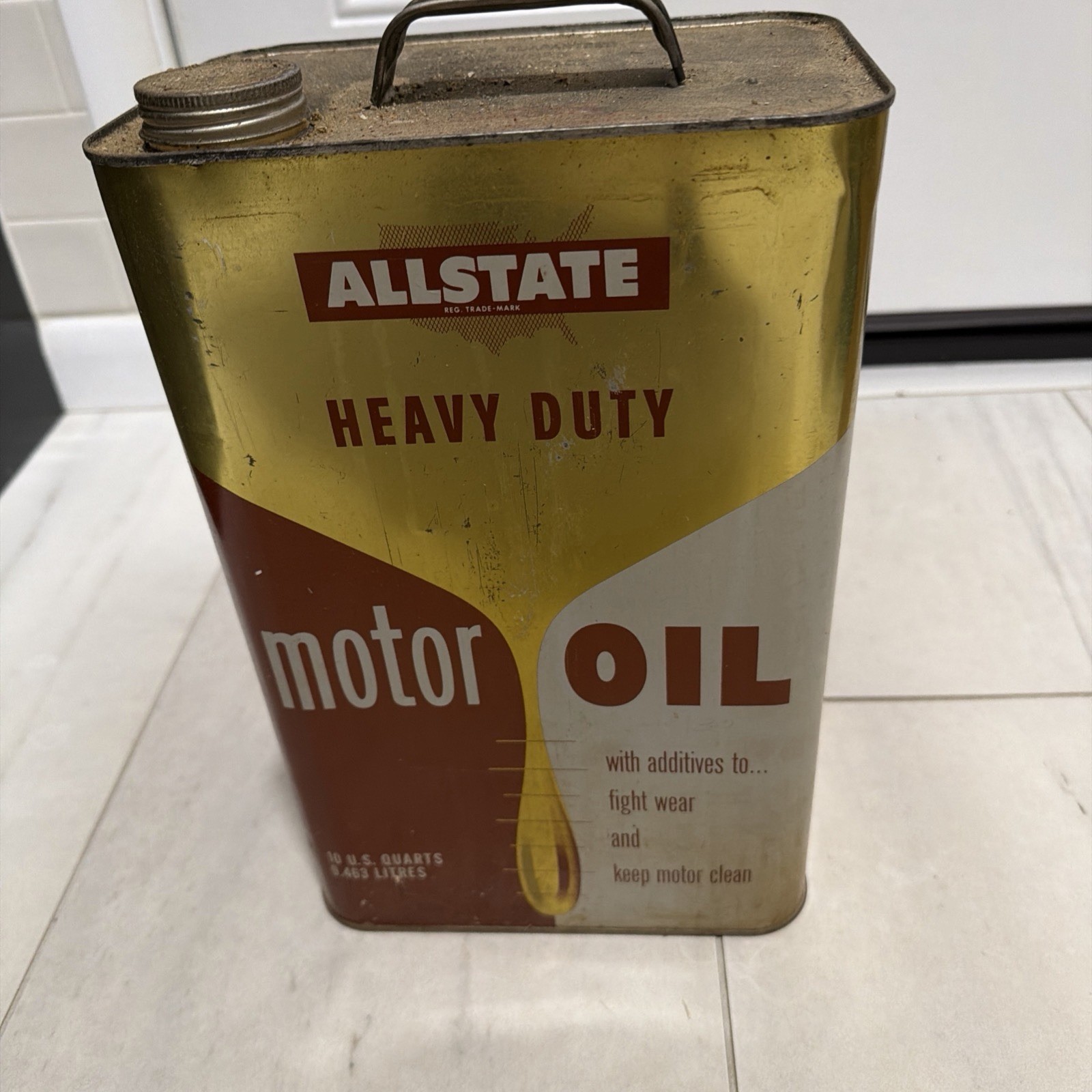 Vtg ALLSTATE Heavy Duty Motor Oil 10 Quarts Empty  Metal Can