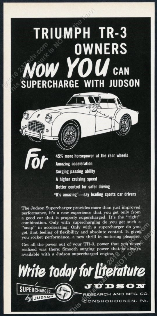 1959 Triumph TR3 TR-3 car art Judson Supercharger vintage print ad