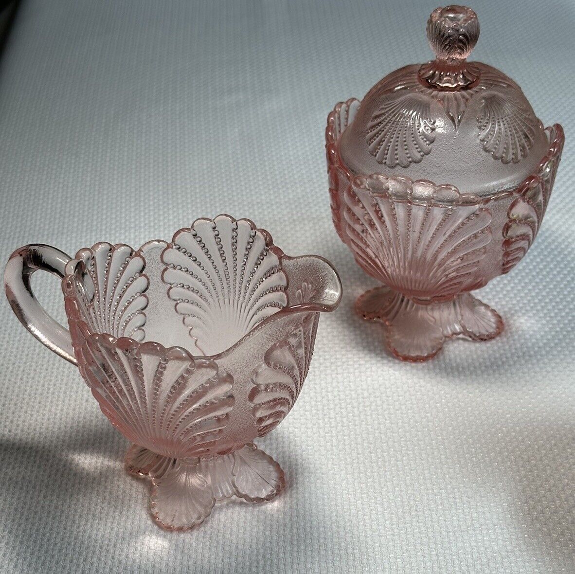 Rare Mosser Glass Pink Seashell Sugar Bowl & Creamer - Vintage - HTF
