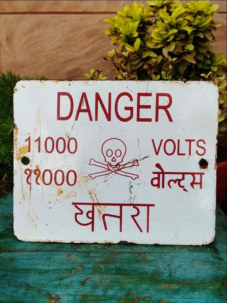 Collectible Indian 11000 Volts Enamel Porcelain Danger Warning Tin Sign Board