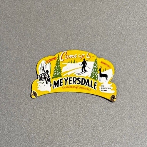 VINTAGE MEYERSDALE SKING PLATE TOPPER PORCELAIN SIGN CAR GAS OIL MOTORCYCLE