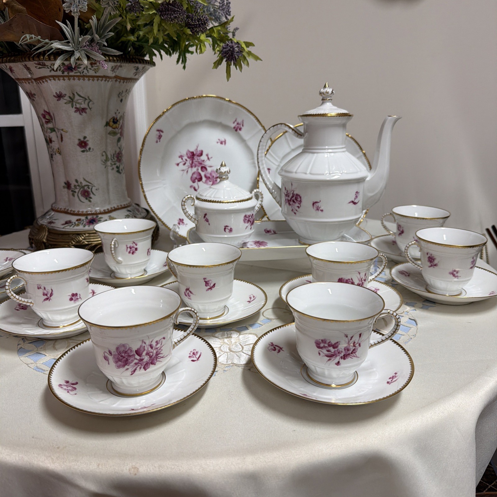 BING & GRONDAHL TEA/COFFEE SET FOR 8 HAND PAINTED MEISSEN STYLE 1920s DENMARK