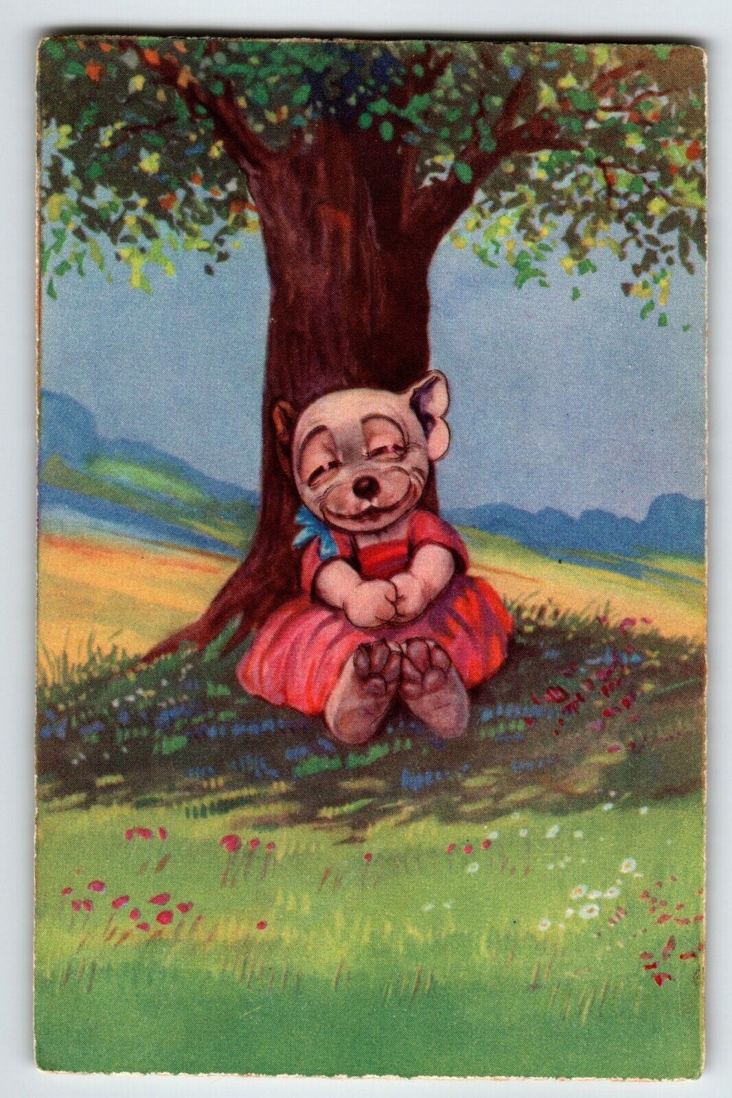 Bonzo Dressed Puppy Dog Under Tree Postcard Fantasy Anthropomorphic 1932 Vintage