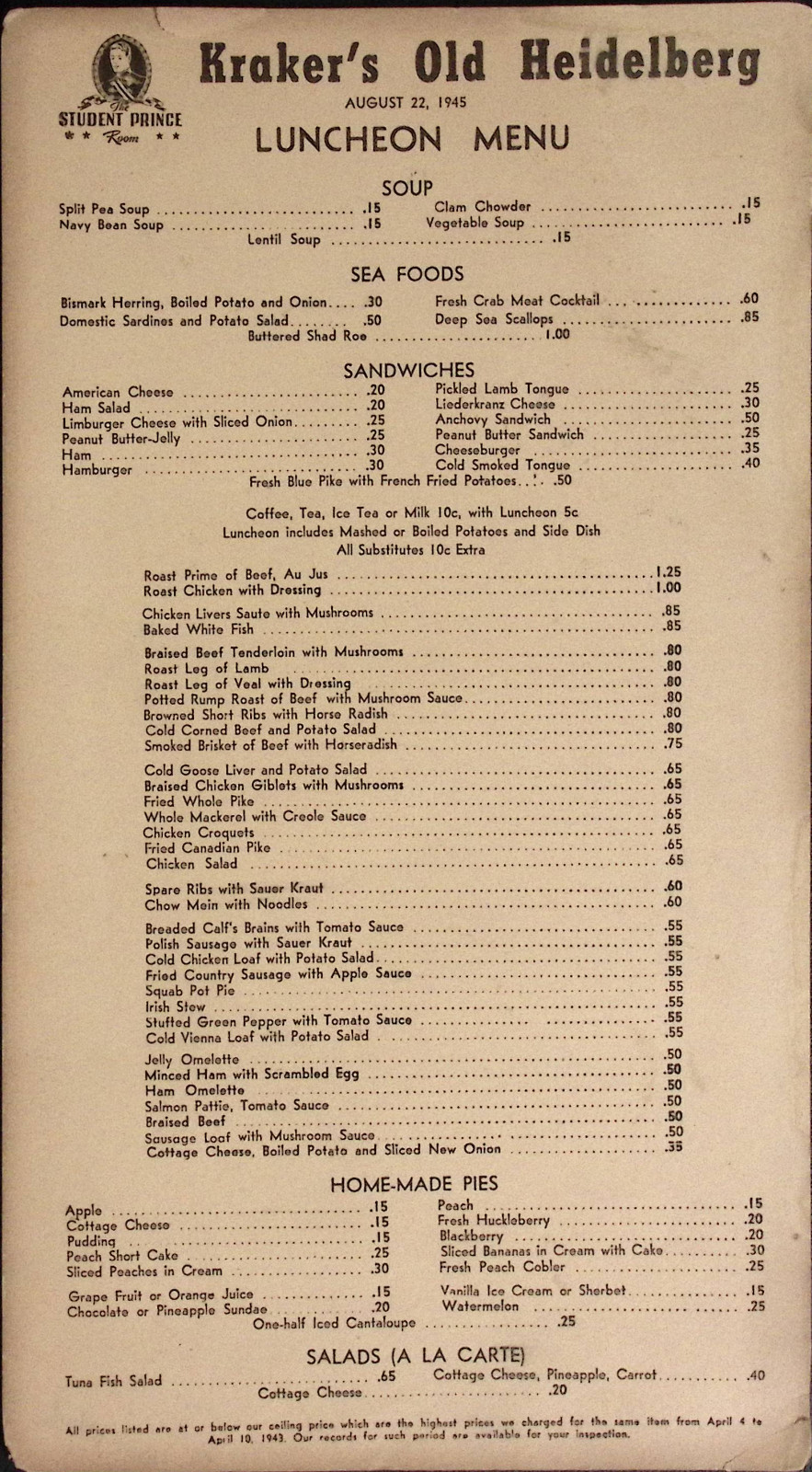 1945 Kraker\'s Old Heidelberg Restaurant Luncheon Menu
