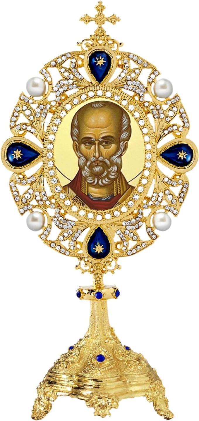 St Saint Nicholas Gilded Icon in Ornate Footed Frame for Altar or Shrine 7 In