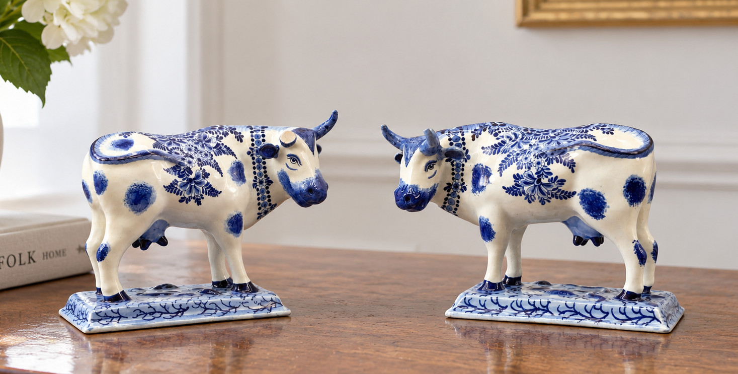 Pair of Late 19th Century Dutch Delft Blue & White Pottery Cows